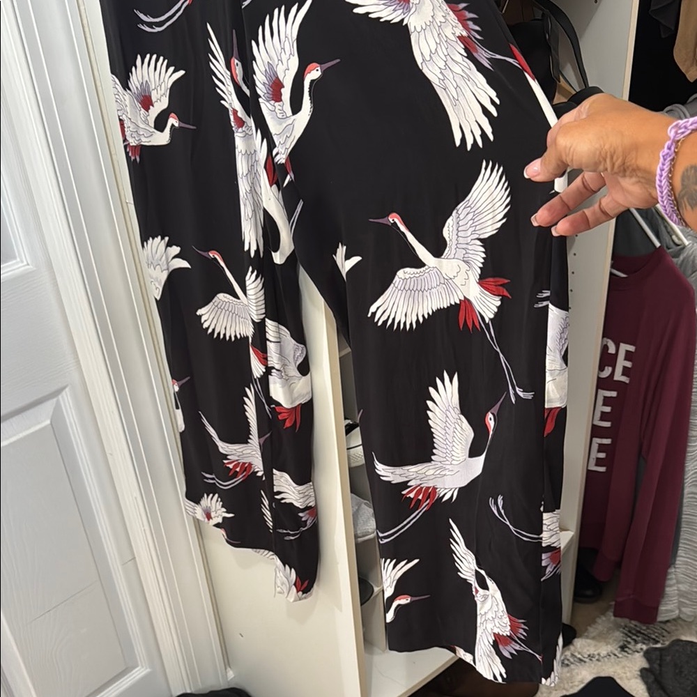 LOFT Black and White Crane Print Wide Leg Pants